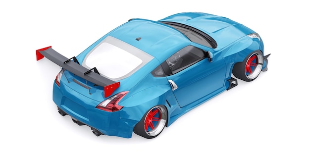 Blauw getunede sportracewagen met luchtvering met booguitbreidingen en een enorme spoiler 3d-rendering