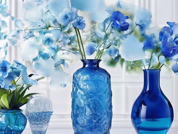 Foto blauw glas bloemen interieur behang