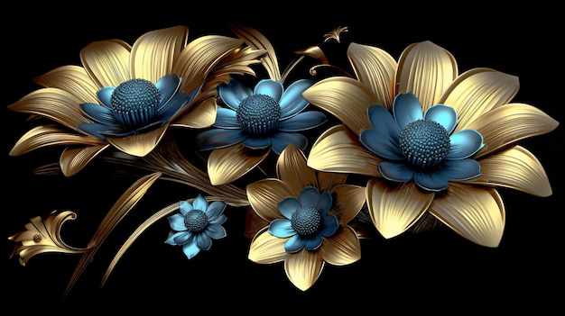 blauw goud 3d bloemen