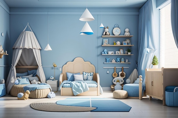 Blauw interieur van de kinderkamer voor mock-up