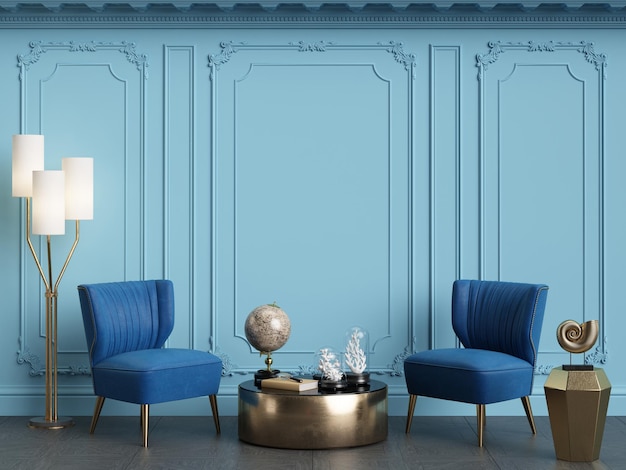 Blauw interieurconceptklassiek meubilair in klassiek interieur met kopieerruimtemuren met sierlijke lijstwerkvloerparketdigitale illustratie3d-rendering