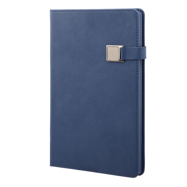 Foto blauw lederen organisator dagelijkse notebook met magneet geïsoleerd op witte achtergrond stijlvolle dagelijkse planner uitknippad geïsoleerde achtergrond