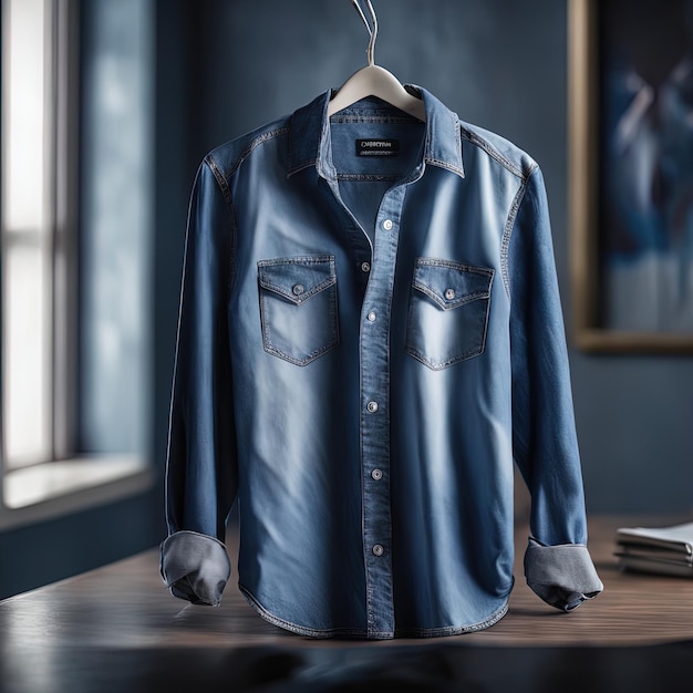 blauw leren shirt op de plank stijlvolle spijkerbroek op houten tafel in het interieur