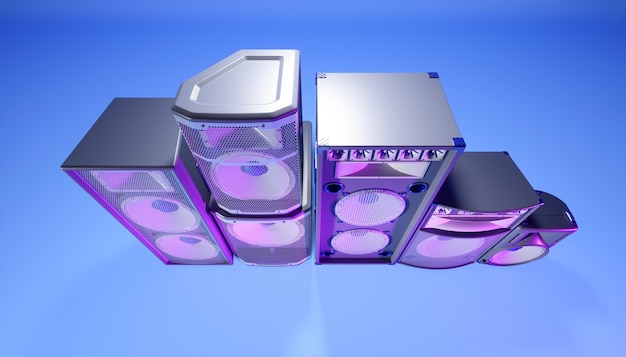 Blauw luidsprekersysteem op een blauwe achtergrond in paarse verlichting, 3d illustratie