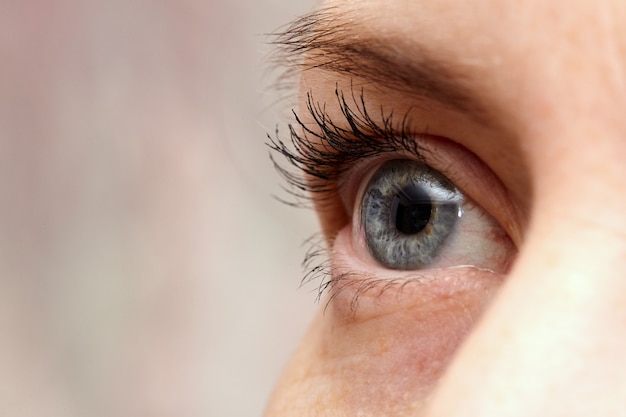 Foto blauw menselijk oog. de vrouw, oog macro close-up