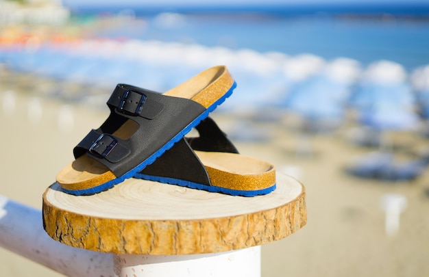 Blauw met zwarte herensandalen op een houten blok in de zomer