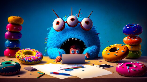 Blauw monster zit aan bureau met laptop en donut voor hem Generatieve AI