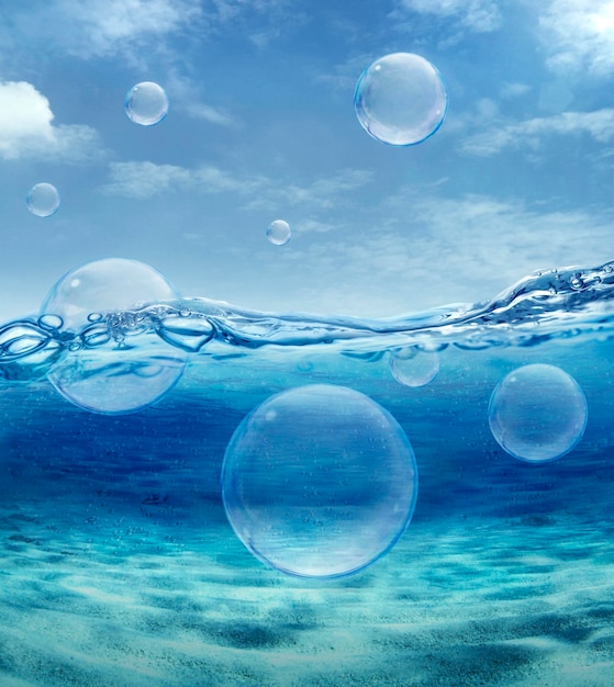 Foto blauw onderwateroppervlak en luchtbelletjes