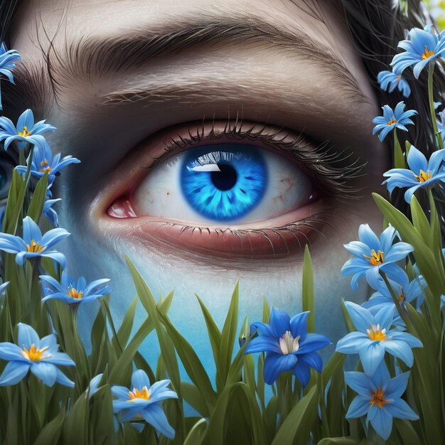 Blauw oog in de lente bloemen tuin