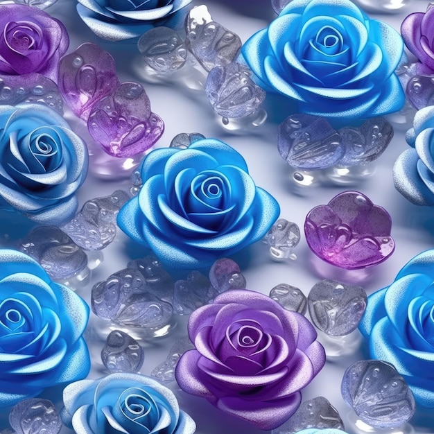 Blauw Paars Roze Bloemen Glitter Witte Achtergrond Tegel Naadloze Achtergrond Generatieve AI