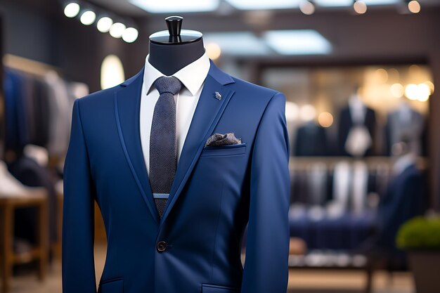 Blauw pak met stropdas op een mannequin in een modewinkel