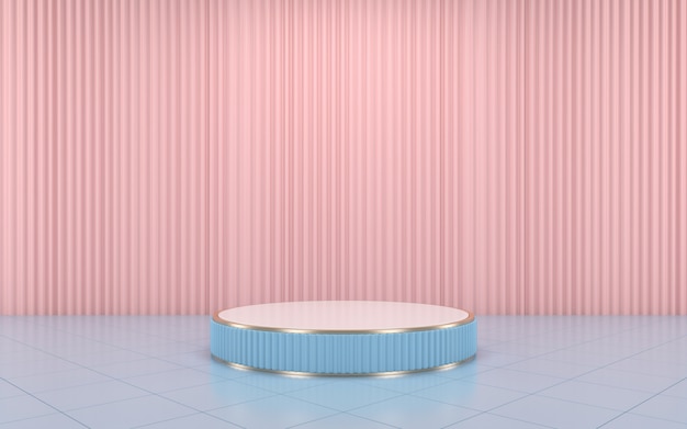 Blauw podium minimaal op roze gordijn voor product.