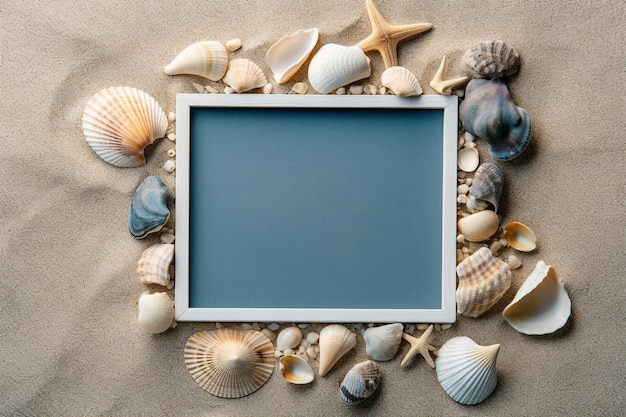 Blauw rechthoekig frame en schelpen op het strand