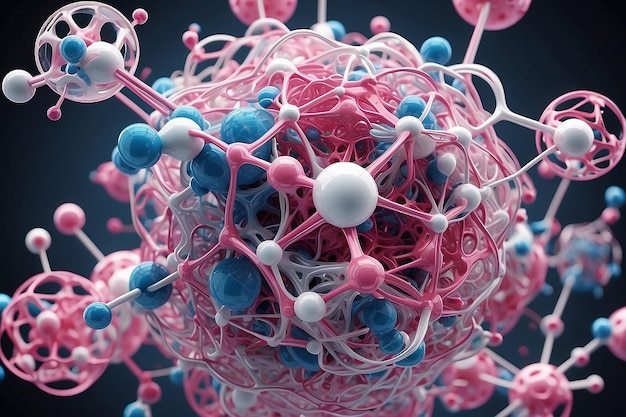 Blauw-roze en witte atomen vormen een moleculaire structuur gemaakt met behulp van generatieve AI-technologie