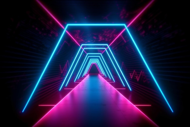 Blauw roze neon driehoek portal abstracte achtergrond Gloeiende lijnen virtual reality tunnel