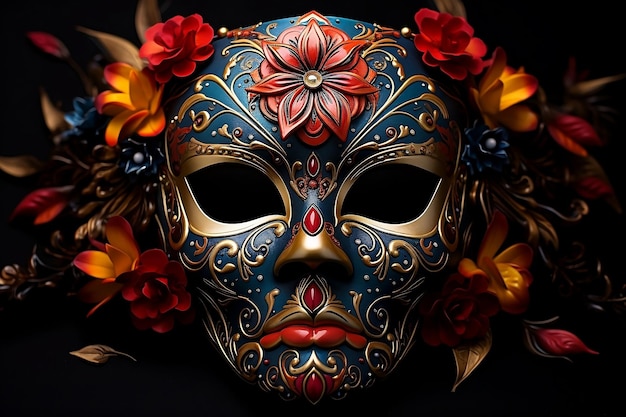 Blauw schedelmasker voor Mexicaanse Dag van de Dood met bloemdecoraties op zwarte achtergrond