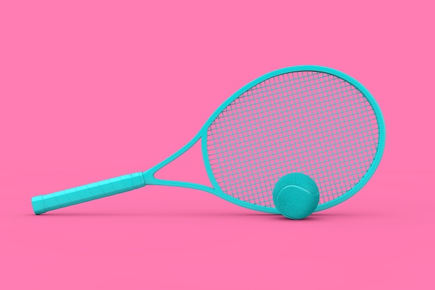 Blauw tennisracket met bal in duotoonstijl op een roze achtergrond. 3D-rendering