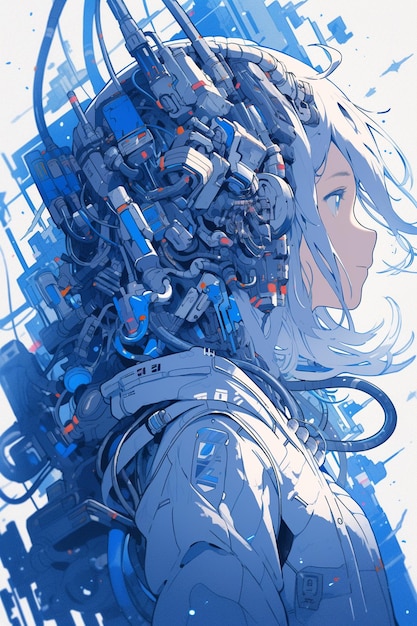 Blauw thema anime cyber girl illustratie over kunstmatige intelligentie Generatieve AI