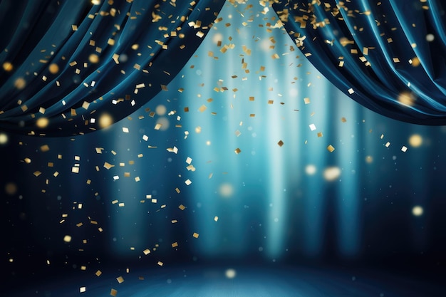 Blauw toneel gordijn met gouden confetti 3d render illustratie achtergrond Spotlight op blauw gordijn achtergrond en vallende gouden konfetti AI gegenereerd