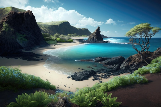 Blauw tropisch eiland in de oceaan achtergrond Stock Illustratie Generatieve AI