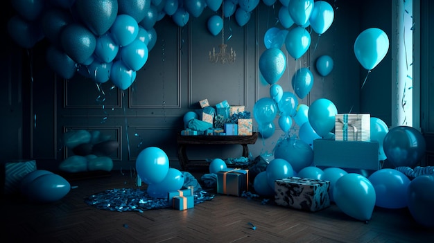 Blauw verjaardagsdecor met ballonnen en cadeautjes, ideaal voor feestelijke achtergronden, generatieve AI