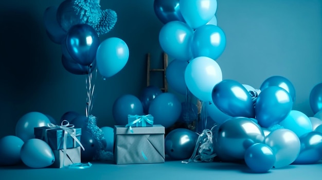 Blauw verjaardagsdecor met ballonnen en geschenken ideaal voor feestelijke achtergronden Generatieve AI-illustrator