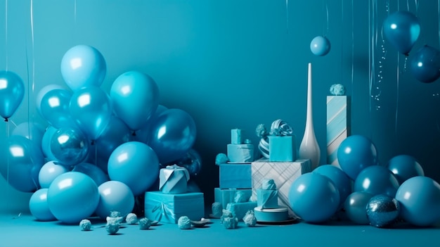Blauw verjaardagsdecor met ballonnen en geschenken ideaal voor feestelijke achtergronden Generatieve AI-illustrator