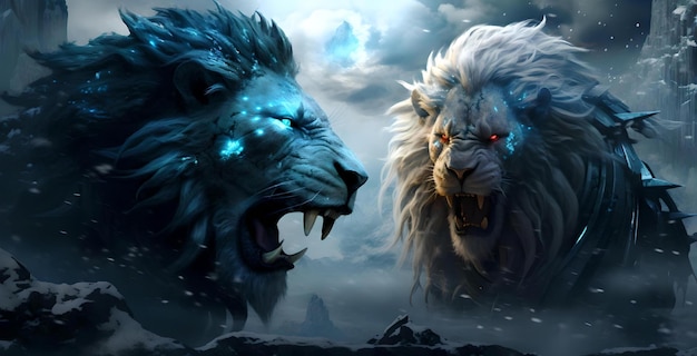 Blauw-witte leeuwen brullen naar elkaar in een donker en stormachtig fantasielandschap