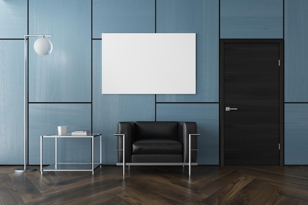 Blauw woonkamerinterieur met een donkere houten vloer, een fauteuil, een salontafel bij een deur en een poster. 3D-rendering mock-up