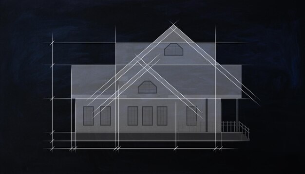 Blauwdruk van een creatief huisproject op zwarte achtergrond Bouw- en planconcept 3D-rendering