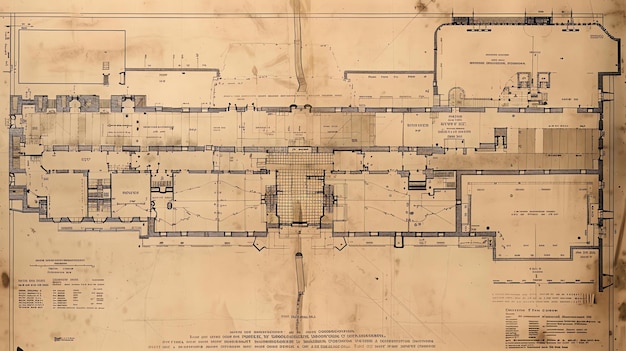 Foto blauwdrukken van een groot gebouw, mogelijk een fabriek of magazijn