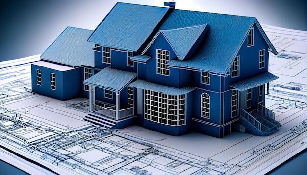 Blauwdrukontwerpen en een huismodel voor een bouwproject Achtergrond in vastgoedbouwprojecten, bouw- en technische ontwerpplannen voor woningbouw Generatieve AI