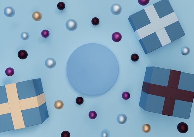 blauwe 3D illustratie minimale productweergave Kerstballen kleurrijke geschenken bovenaanzicht plat leggen