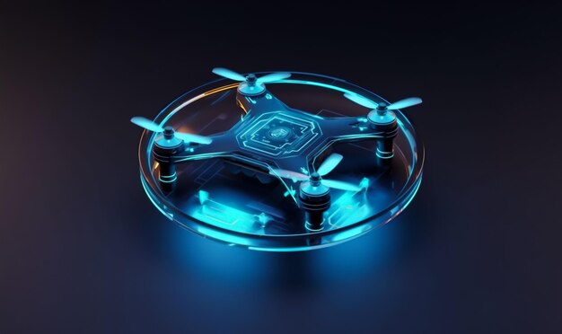 Blauwe 3D quadrocopter in isometrische weergave Drone op donkere achtergrond AI drone concept