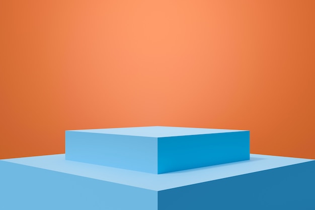 Blauwe 3D-weergave van podium podium sokkel op oranje achtergrond abstract.