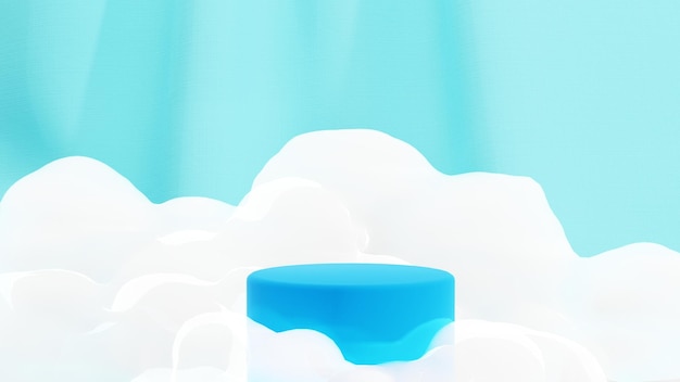 Blauwe 3D-weergave van productpodium met wolken