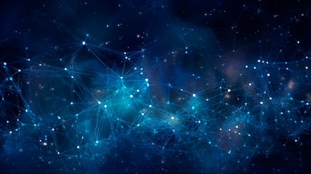 Blauwe abstracte achtergrond met een netwerkrooster en verbonden deeltjes Generatieve AI