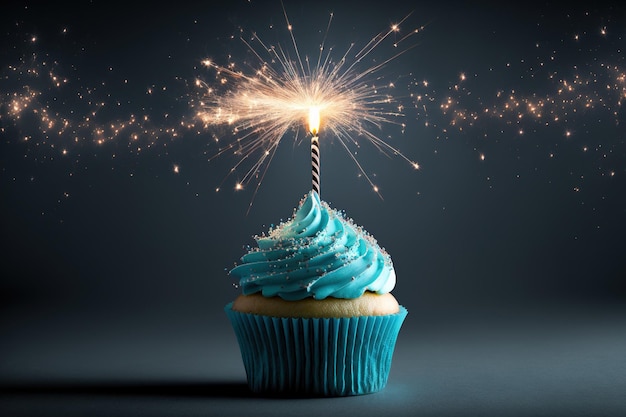 Blauwe achtergrond met een sterretje bedekte verjaardag cupcake