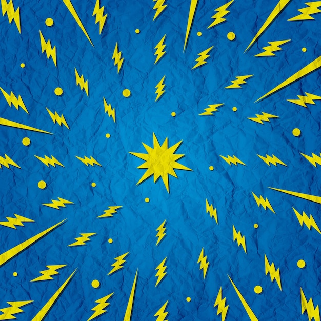 Blauwe achtergrond met gele bliksemflitsen die zonnestralen illustreren Abstracte illustratie