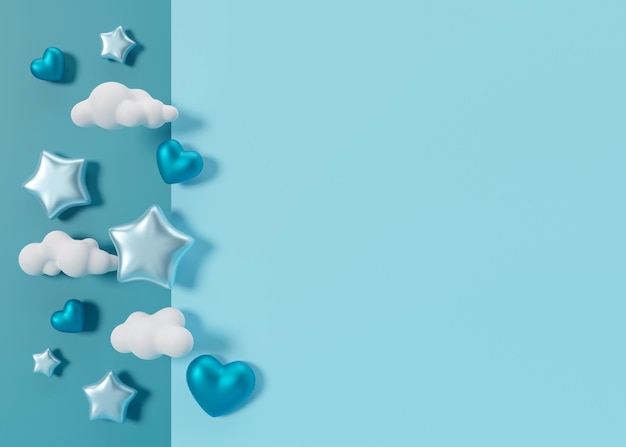 Blauwe achtergrond met hartjes, wolken, sterren en kopie ruimte Het is een jongensachtergrond met lege ruimte voor tekst Babyshower of verjaardagsfeestje Baby boy geboorteaankondiging 3D render