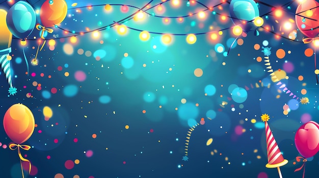 Blauwe achtergrond met kleurrijke ballonnen confetti en lichten Perfect voor een verjaardag of feest