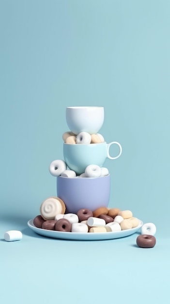 Blauwe achtergrond met koffie en donuts illustratie ai generatief