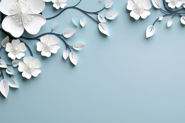 Blauwe achtergrond met wit papier gesneden bloemencompositie en lege kopieerruimte oppervlak winter origami