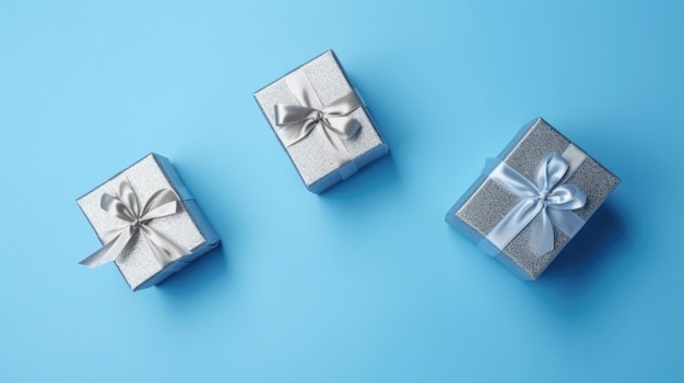 Blauwe achtergrond met zilveren geschenkdozen Illustratie AI GenerativexA