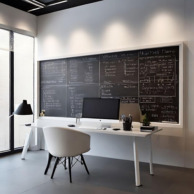 blauwe achtergrond van een kantoor computer kamer in de muur heeft wit bord met formules computer in een si