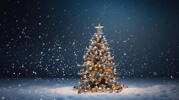 Blauwe achtergrond van kerstboom met gouden en zilveren decoratie