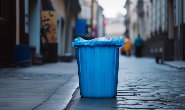 Blauwe afvalbak met een zak erin Prullenbak in het midden van een geplaveide straat Close-up Wazige stad op de achtergrond Generatieve AI