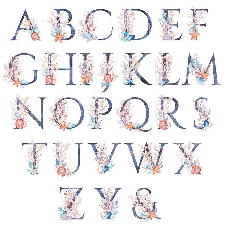Foto blauwe alfabet hoofdletters versierd met aquarel zeewier koralen en schelpen illustratie