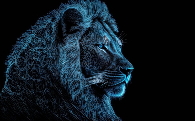 Blauwe artistieke leeuw op zwarte achtergrond verlicht beeld van de koning van de jungle Generatieve AI