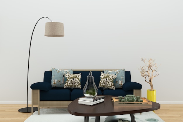 blauwe bank bakstenen muur stoel lamp houten vloer houten tafel vaas boom plant